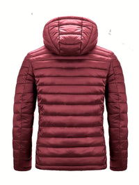Rote Daunenjacke mit Kapuze, gesteppte Winterjacke, warm, modisch, Herrenbekleidung.
