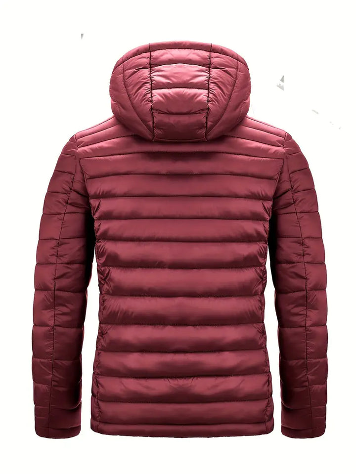 Rote Daunenjacke mit Kapuze, gesteppte Winterjacke, warm, modisch, Herrenbekleidung.