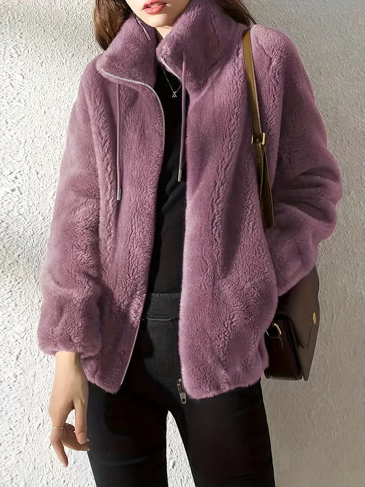 Damen lila Kunstpelzjacke, Reißverschluss, warm, modisch, Winterbekleidung, elegant.