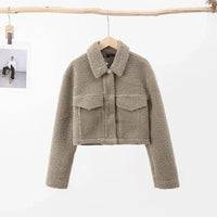 Damen Winterjacke, kurz, Kunstlammwolle, beige, lange Ärmel, Kragen, Herbstmode 2023.