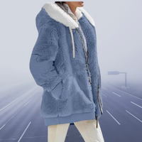 Damen Winterjacke blau, Kunstpelz, Kapuze, warm, modisch, Outdoor, Reißverschluss, elegant.