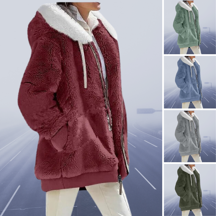 Damen Teddyjacke mit Kapuze, Reißverschluss, rot, blau, grün, warm, Wintermode, flauschig.