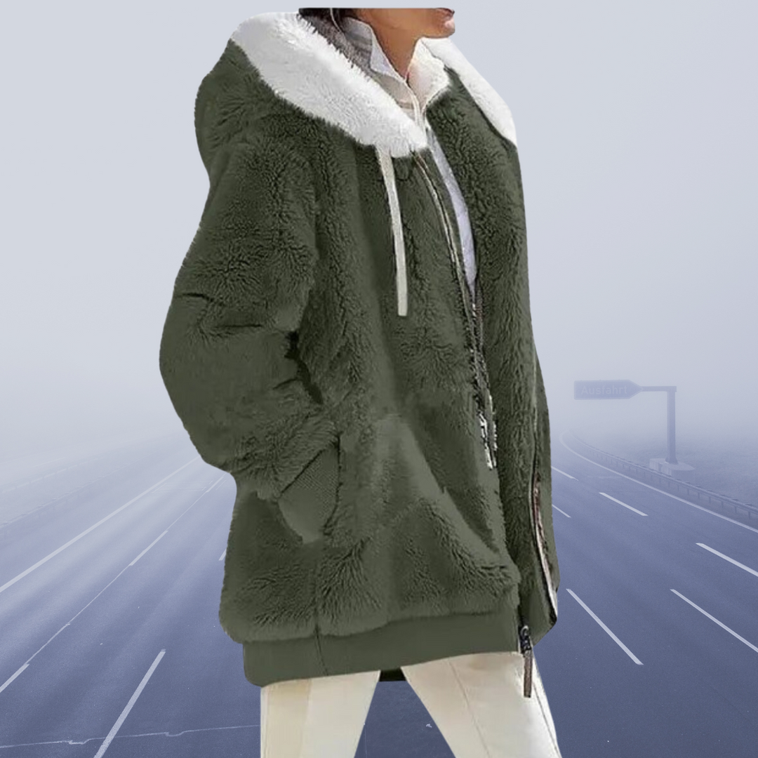 Damen Winterjacke, grün, mit Kapuze, Plüsch, warm, modisch, Outdoor-Bekleidung.