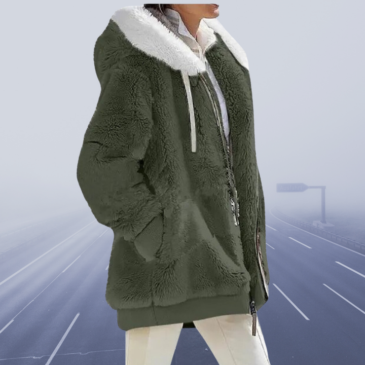 Damen Winterjacke, grün, mit Kapuze, Plüsch, warm, modisch, Outdoor-Bekleidung.