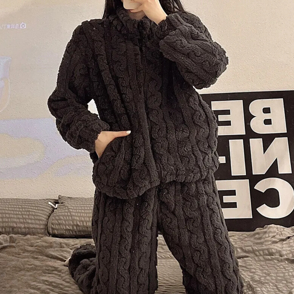 Damen Fleece Pyjama Set, dunkelgrau, Zopfmuster, warm, gemütlich, Winterbekleidung, Lounge Wear.