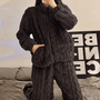 Damen Fleece Pyjama Set, dunkelgrau, Zopfmuster, warm, gemütlich, Winterbekleidung, Lounge Wear.