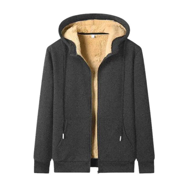 Dunkelgraue Kapuzenjacke mit beigem Fleecefutter, Reißverschluss, Herrenmode, Winterbekleidung.