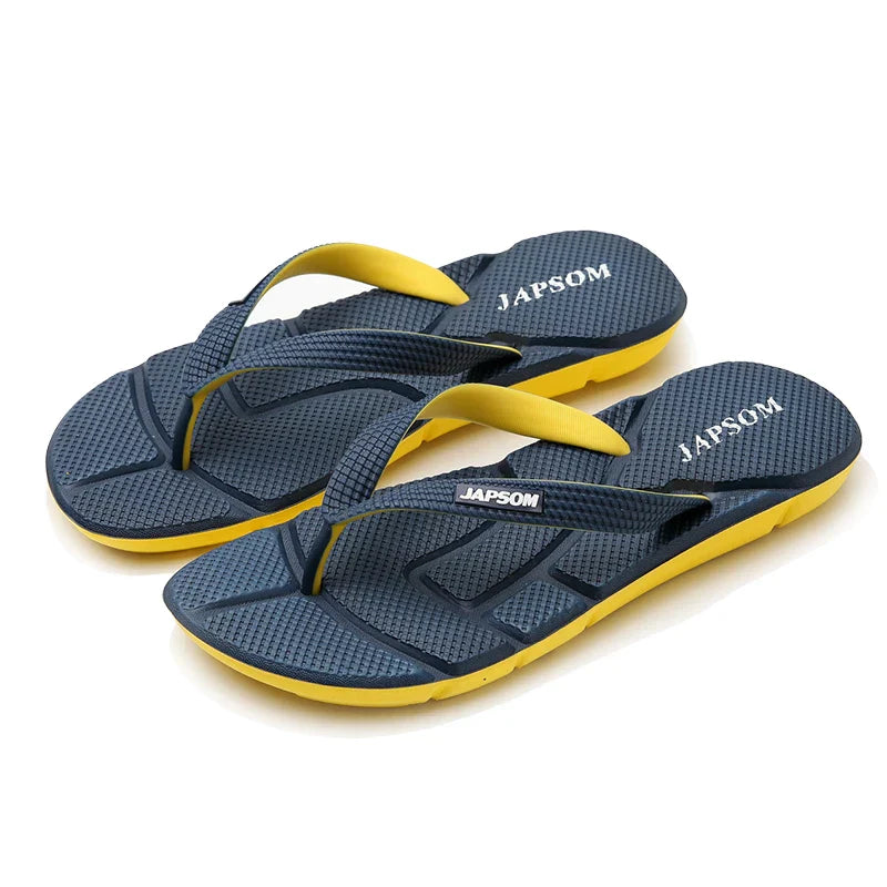 Dunkelblaue und gelbe Japsom Flip-Flops aus Gummi für Herren, ideal für den Sommer.
