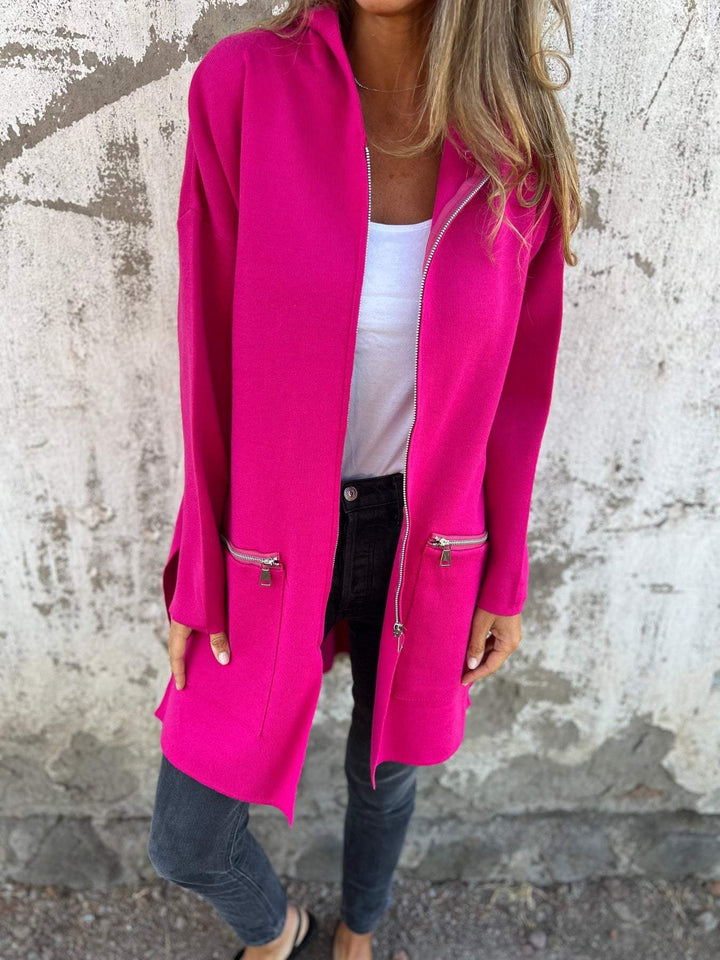 Fuchsia Damenjacke mit Kapuze, Reißverschluss, Taschen, aus Baumwolle, modisch, lässig.