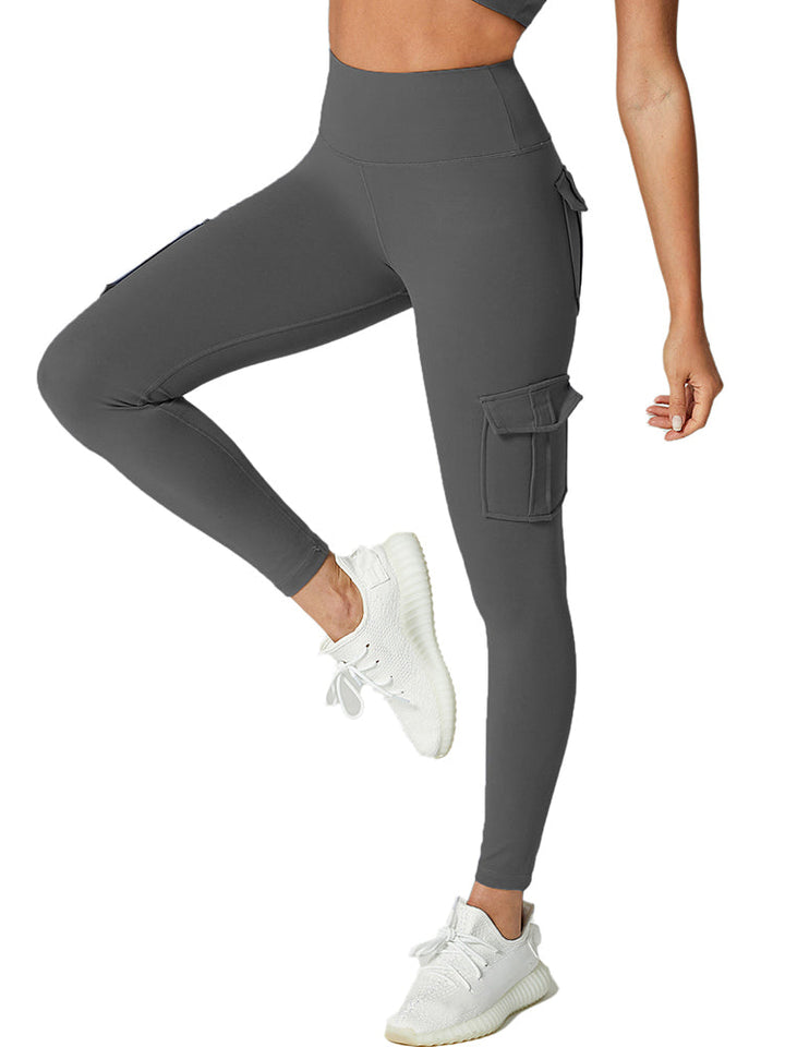 Graue Damen-High-Waist-Leggings mit Seitentaschen, ideal für Sport und Freizeit.