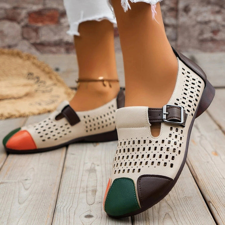 Damen-Loafer, beige, braun, grün, rot, Leder, Lochmuster, Schnalle, modisch, bequem, Sommer.