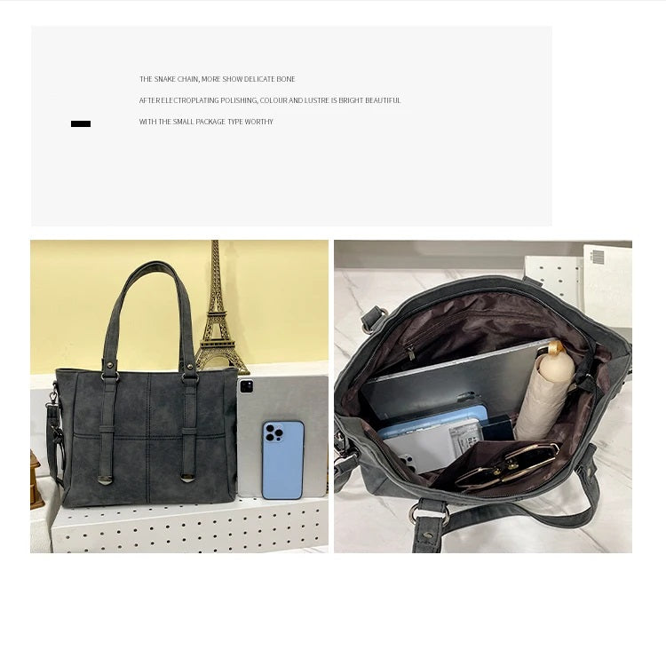 Graue Damenhandtasche aus Leder mit Laptopfach, elegant, modisch, vielseitig einsetzbar.