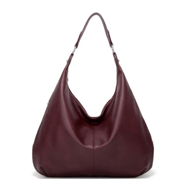 Bordeauxrote Lederhandtasche, Hobo-Stil, Damenmode, elegantes Accessoire, Schultertasche.