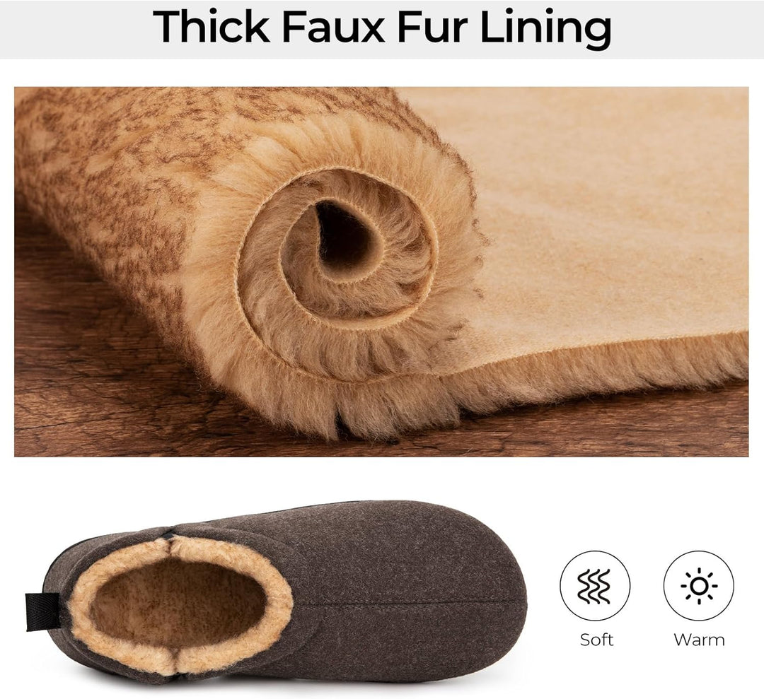 Dunkelbrauner Hausschuh mit dicker Kunstfellfütterung, weich und warm, ideal für den Winter.
