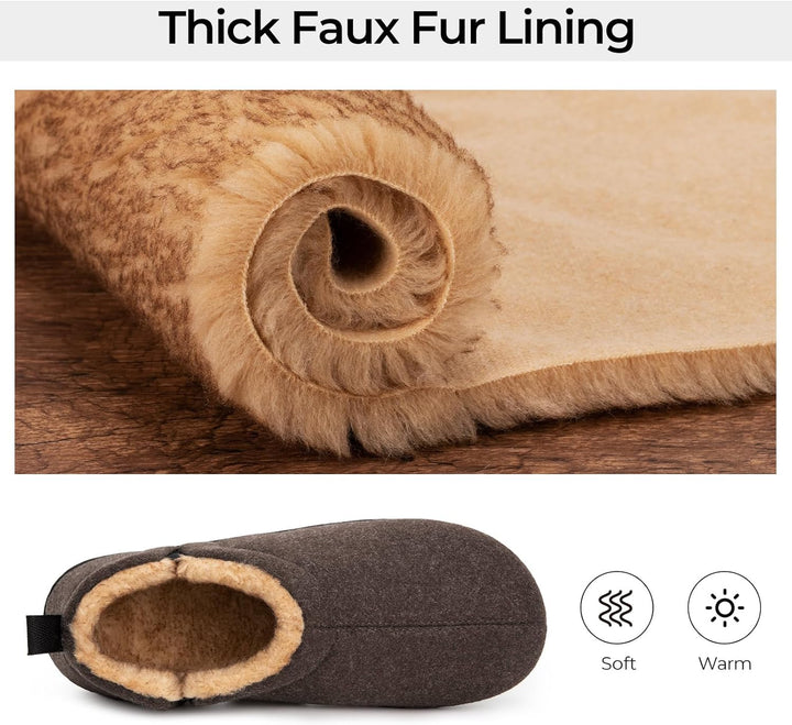 Dunkelbrauner Hausschuh mit dicker Kunstfellfütterung, weich und warm, ideal für den Winter.