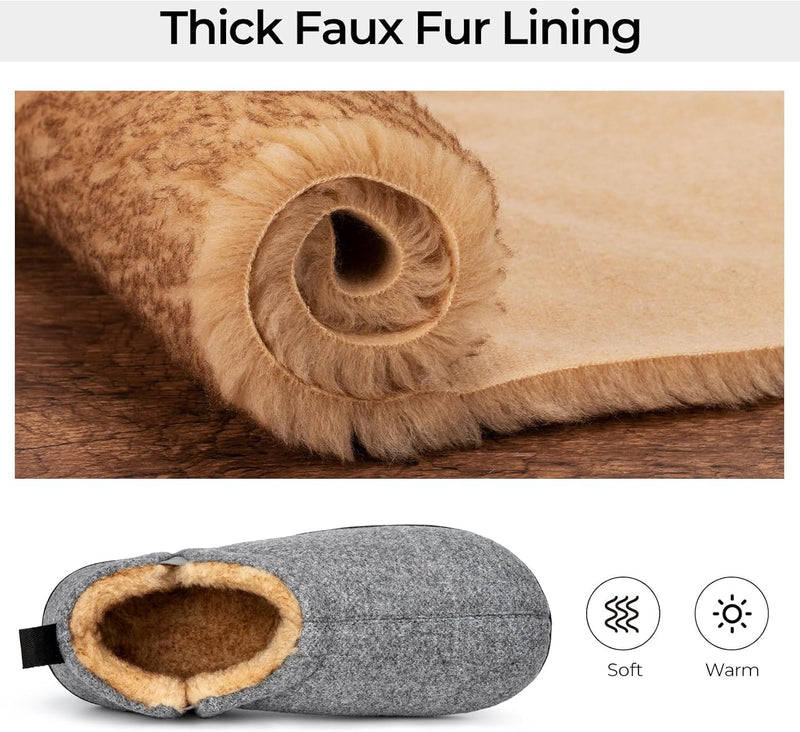 Graue Hausschuhe mit dicker Kunstfellfütterung, warm und weich, ideal für den Winter.