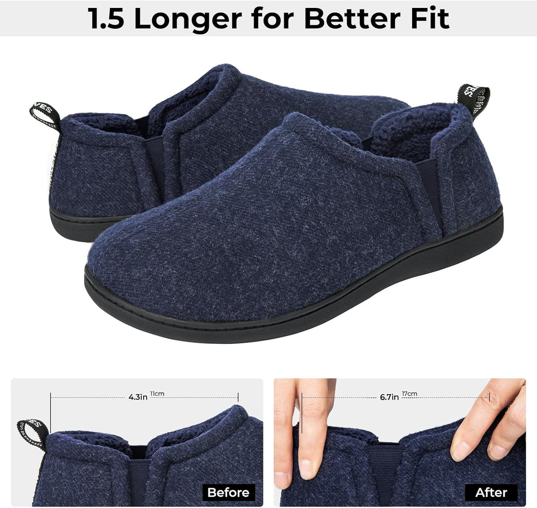 Dunkelblaue Hausschuhe, rutschfeste Sohle, warmes Futter, Herren, bequeme Passform.