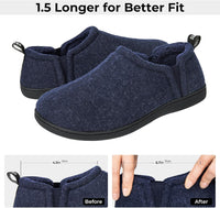 Dunkelblaue Hausschuhe, rutschfeste Sohle, warmes Futter, Herren, bequeme Passform.