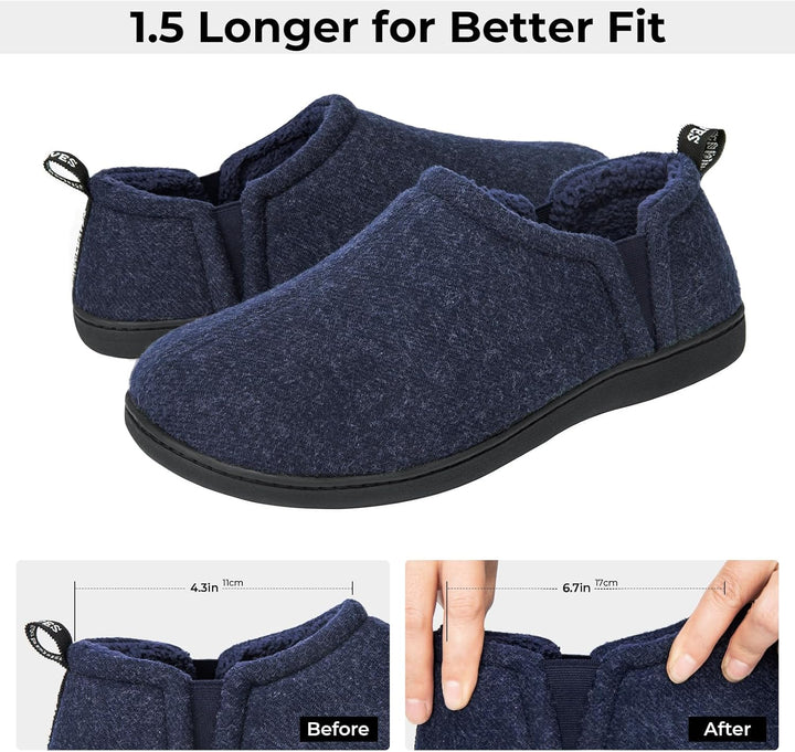 Dunkelblaue Hausschuhe, rutschfeste Sohle, warmes Futter, Herren, bequeme Passform.