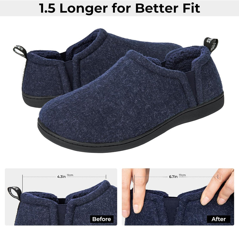 Dunkelblaue Hausschuhe, rutschfeste Sohle, warmes Futter, Herren, bequeme Passform.