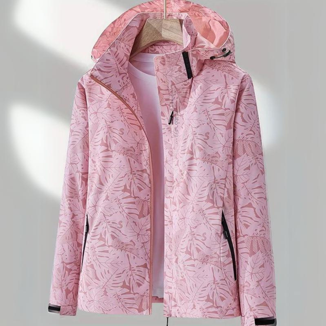 Damen Regenjacke rosa mit Blätterdruck, wasserdicht, Kapuze, Outdoor-Bekleidung.