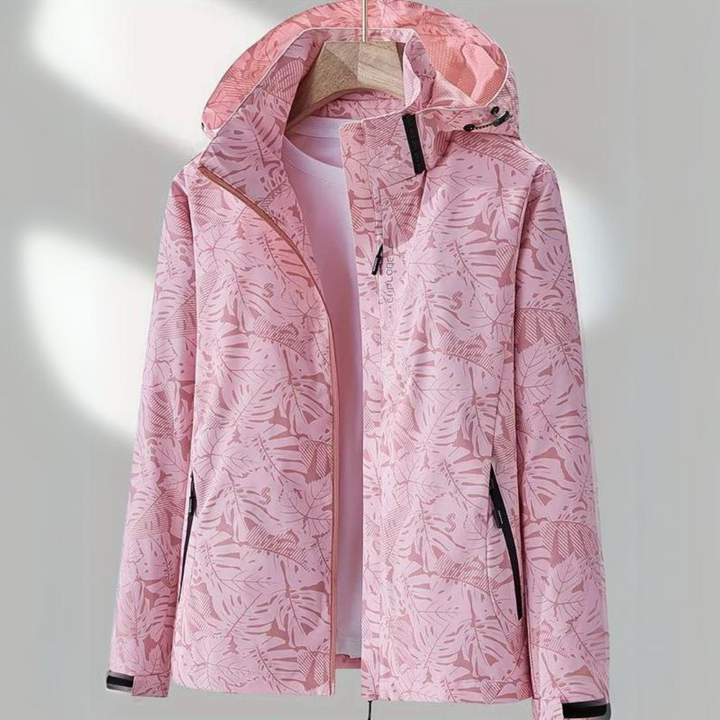 Damen Regenjacke rosa mit Blätterdruck, wasserdicht, Kapuze, Outdoor-Bekleidung.
