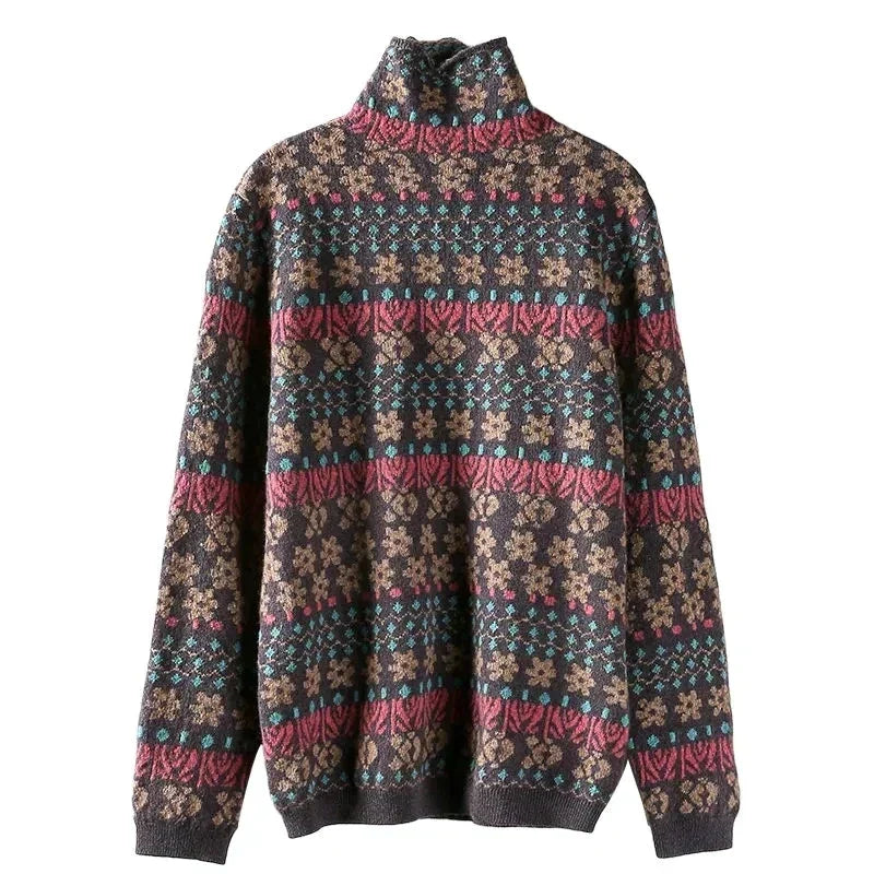 Damen-Jacquard-Pullover, bunt, Rollkragen, lange Ärmel, Herbst-Winter-Mode, Stricktop.