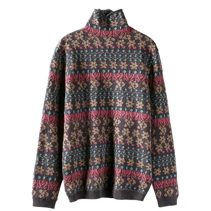 Damen-Jacquard-Pullover, bunt, Rollkragen, lange Ärmel, Herbst-Winter-Mode, Stricktop.