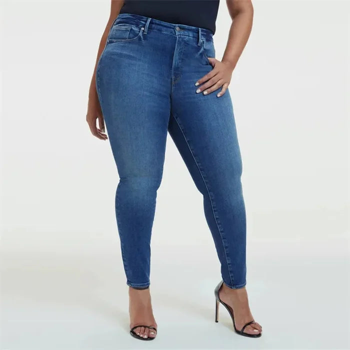 Damen-Jeans in Übergröße, blau, Skinny-Fit, hoher Bund, Stretch-Denim, modisch, bequem.