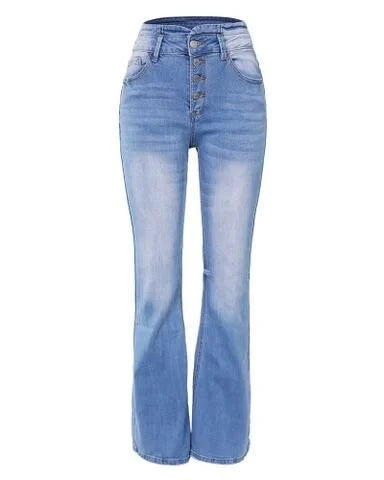 Hellblaue Damen-Jeans mit hoher Taille, ausgestelltem Bein und Knopfleiste.