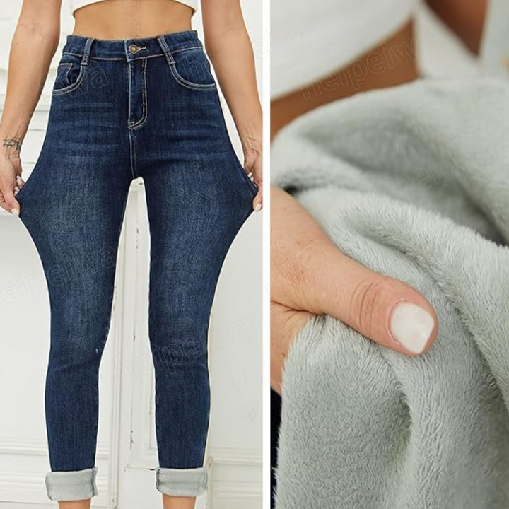 Damenjeans blau, hoch tailliert, elastisch, weiches Material, modisch, bequem, Alltagskleidung.