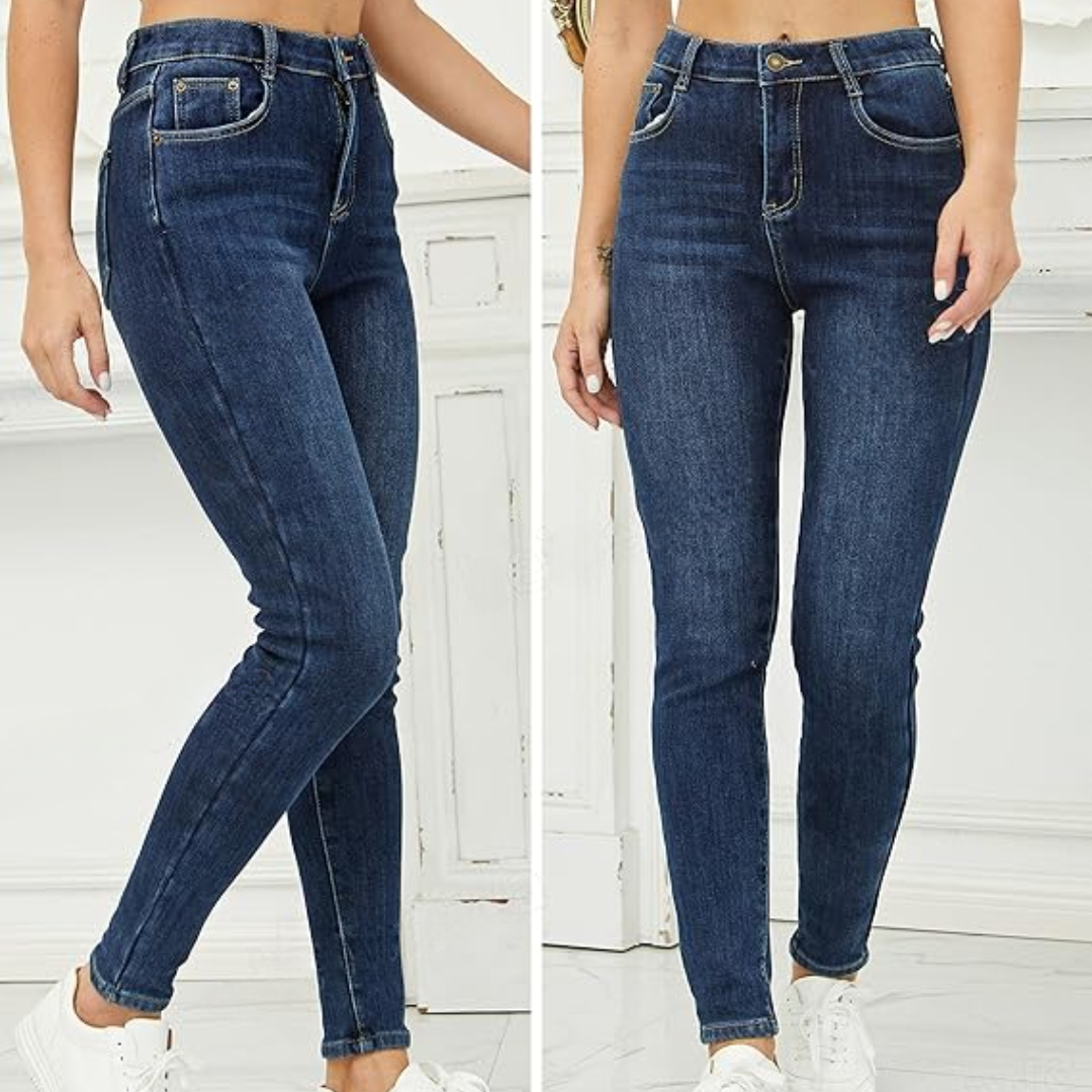 Damen-Jeans, dunkelblau, Skinny-Fit, hohe Taille, Denim, modisch, bequem, Alltagskleidung.