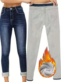 Damen Thermojeans, dunkelblau und hellgrau, gefüttert, warm, modisch, Winterkleidung.
