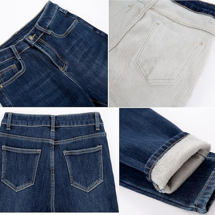 Damenjeans blau, gefüttert, Taschen, Denim, Wintermode, warm, bequem, modisch, Alltagskleidung