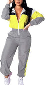 Damen Jogginganzug, grau-gelb, Reißverschluss, sportlich, Freizeitmode, Polyester.