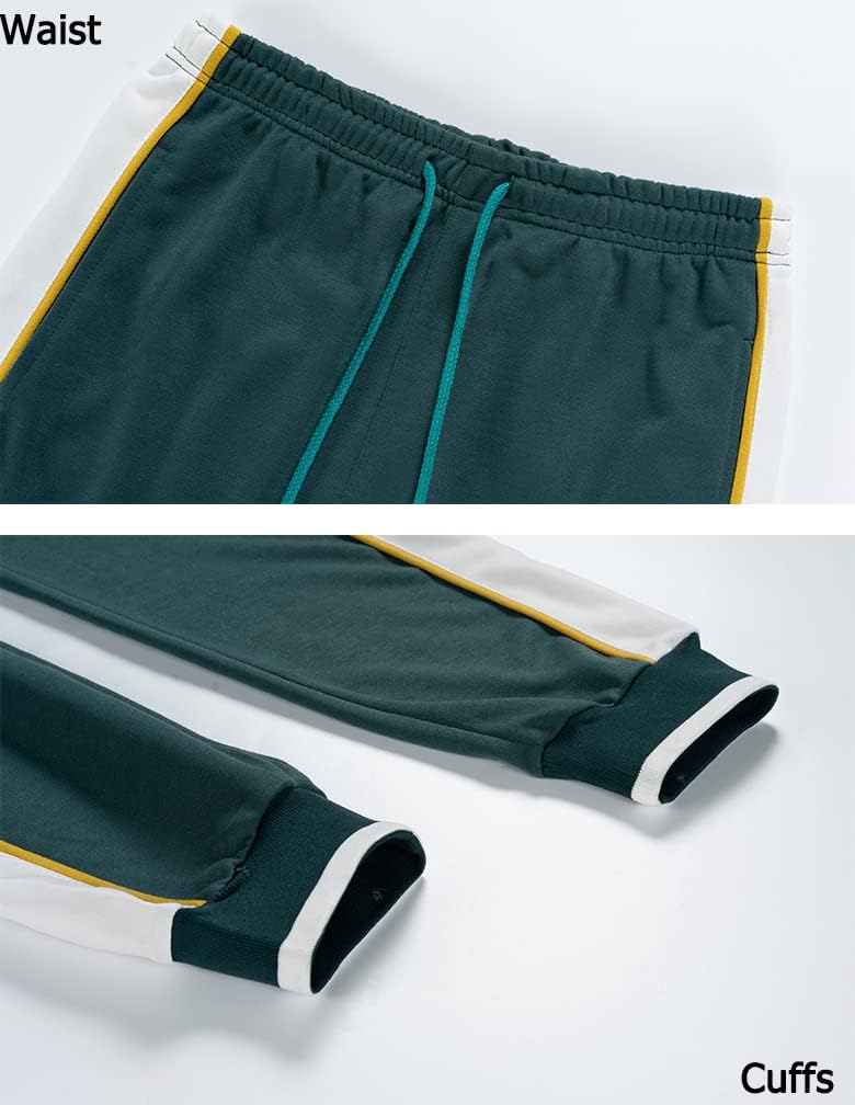 Dunkelgrüne Jogginghose mit gelben Streifen, elastischem Bund und Bündchen, Sportbekleidung.