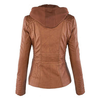 Khaki Damenlederjacke mit Kapuze, modisch, elegant, Herbstmode, Rückansicht