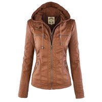 Damen Lederjacke mit Kapuze, braun, Reißverschluss, Taschen, modisch, Herbstbekleidung.