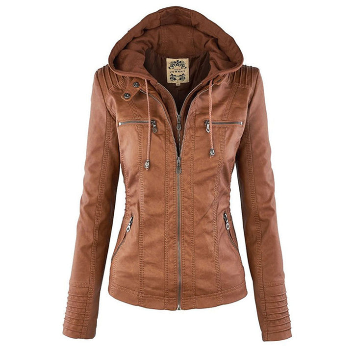 Damen Lederjacke mit Kapuze, braun, Reißverschluss, Taschen, modisch, Herbstbekleidung.