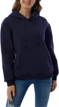 Dunkelblauer Damen-Hoodie, Kapuze, Kängurutasche, Freizeitmode, Baumwolle, bequem.