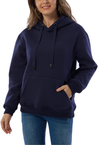 Dunkelblauer Damen-Hoodie mit Kapuze, Kängurutasche, lässig, bequem, Baumwolle.