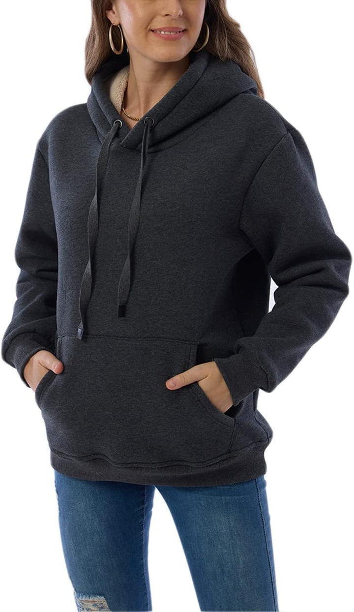 Dunkelgrauer Damen-Hoodie, Kapuze, Kängurutasche, Freizeitmode, Baumwolle, bequem.