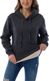 Dunkelgrauer Damen-Hoodie mit Kapuze, Kordelzug und Kängurutasche, gefüttert, lässig, warm.