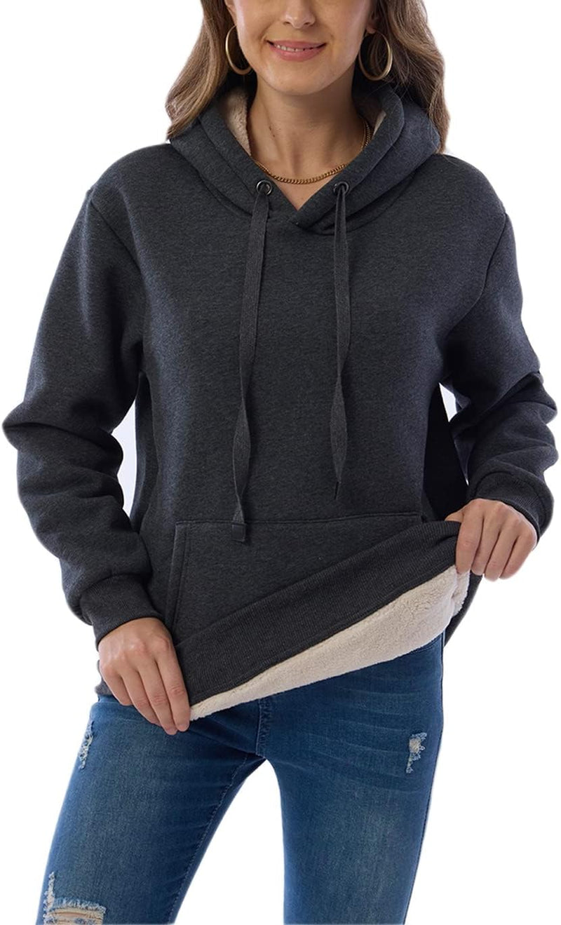 Dunkelgrauer Damen-Hoodie mit Kapuze, Kordelzug und Kängurutasche, gefüttert, lässig, warm.