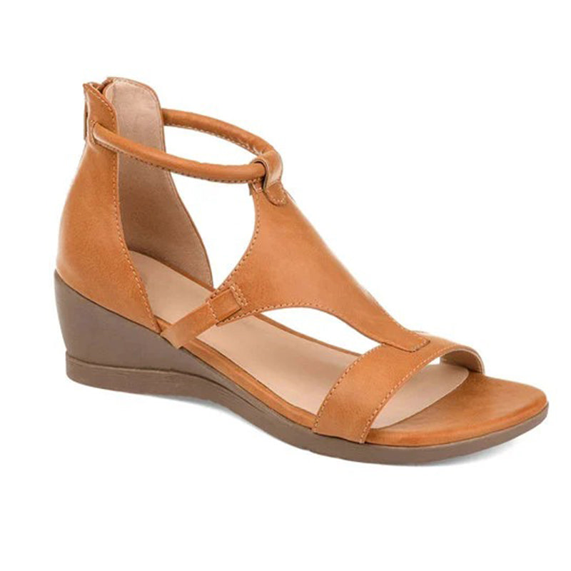 Brauner Damen-Sandale mit Keilabsatz, Leder, modisch, bequem, Sommermode.