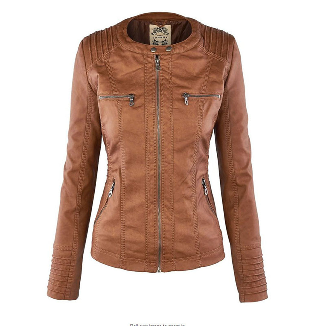 Damen Lederjacke, khaki, Reißverschlüsse, Biker-Stil, modisch, Herbstmode, Kunstleder.