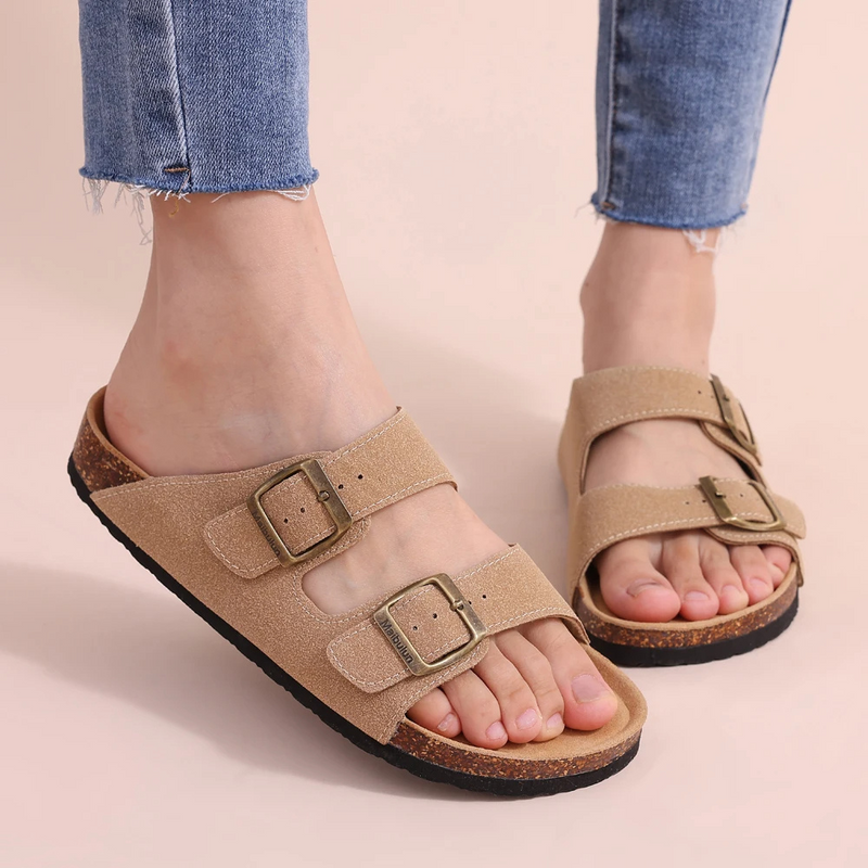 Beige Korksandalen mit zwei Schnallen, Damen, bequem, lässig, ideal für Sommermode.