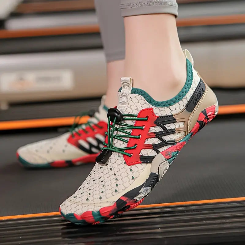 Damen Barfußschuhe, beige mit roten Akzenten, atmungsaktiv, ideal für Fitness und Outdoor.