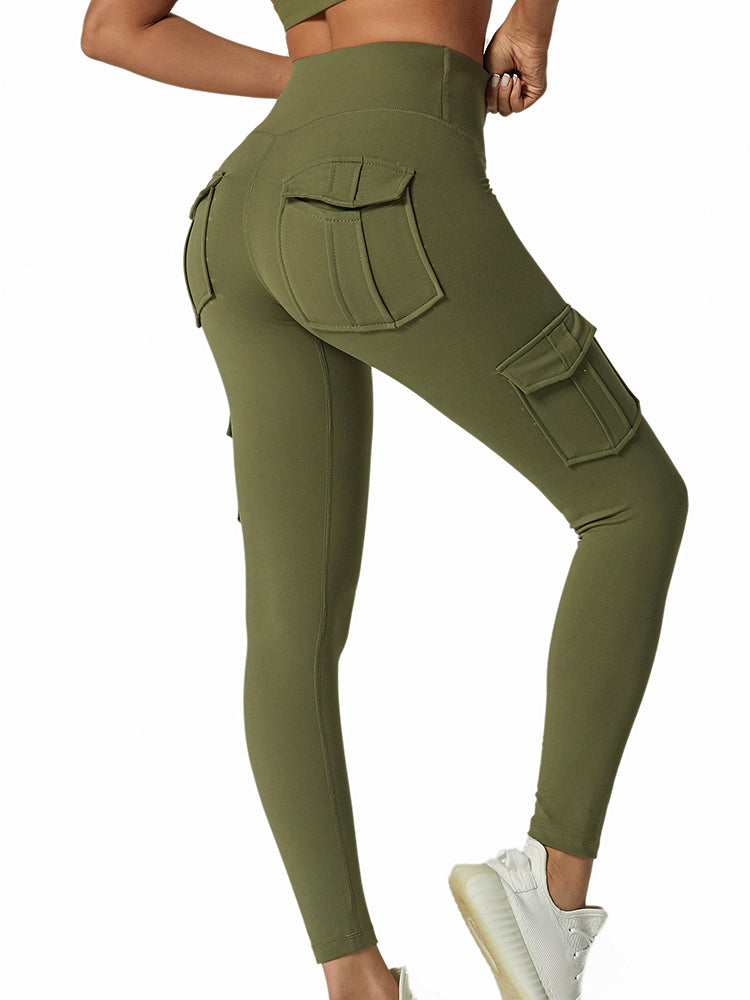 Damen Leggings mit Taschen, olivgrün, sportlich, elastisch, bequem, Fitnessmode.