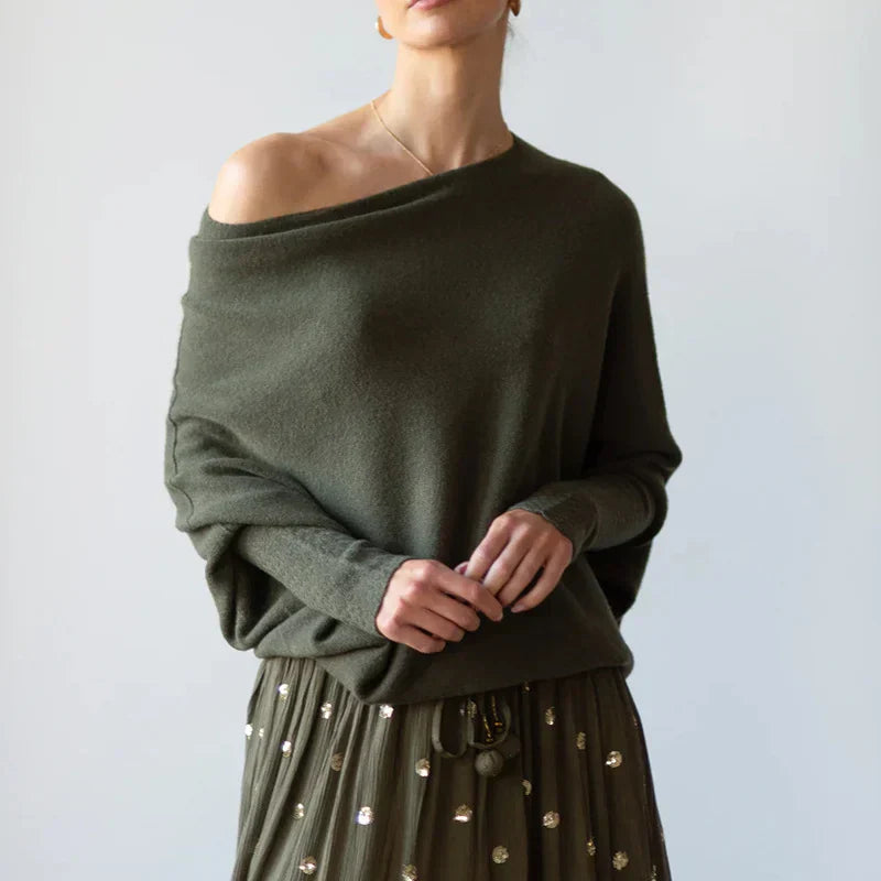 Damen Pullover, olivgrün, schulterfrei, Strick, elegant, Herbstmode, lässig, bequem.